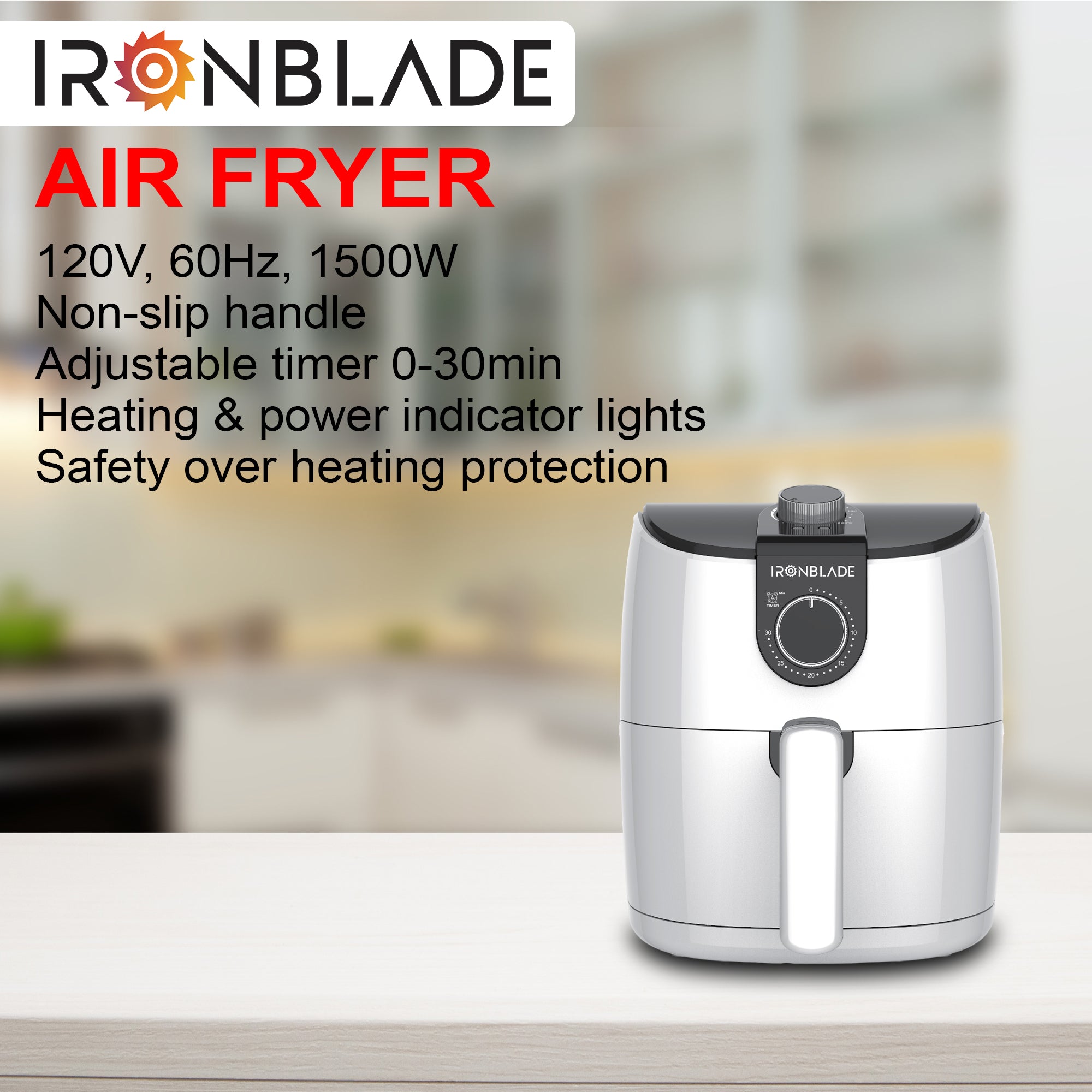 IronBlade Multi-Functional Air Fryer, 1500W, 3.7 Quart Capacity, Adjustable Timer, Non-Slip Handle, Temperature Range 105°F to 400°F IronBlade Multi-Functional Air Fryer, 1500W, 3.7 Quart Capacity, Adjustable Timer, Non-Slip Handle, Temperature Range 105°F to 400°F